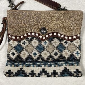 Myra Tooled Leather Crossbody Bag Woven Cotton Aztec Western Boho Festival Indie